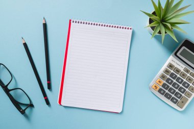 Mavi ofis masasında boş defter, gözlük, kalem, hesap makinesi ve yeşil bitkinin üst görünümü