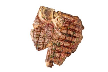 Beyaz arkaplanda T-Bone Bifteğinin üst görünümü