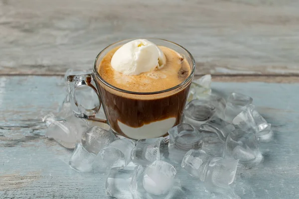 Affogato Coffee Vanilla Ice Cream Glass Cup Wooden Table — стокове фото