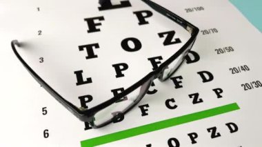 Mavi arkaplanda gözlük ve göz testi şeması