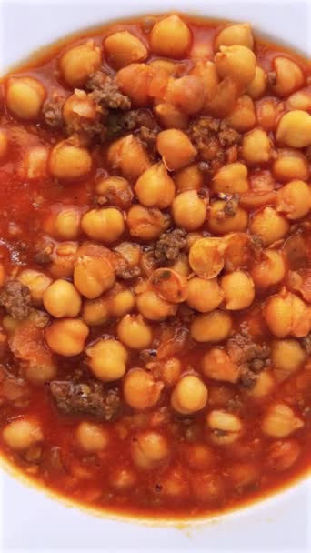 Chickpea Stew Minced Meat White Porcelain Plate Stone Table — Stock Video