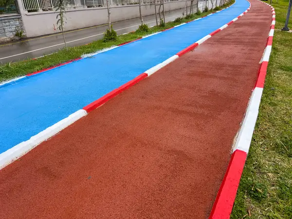 Blue bike path and red running path run side by side through a public park