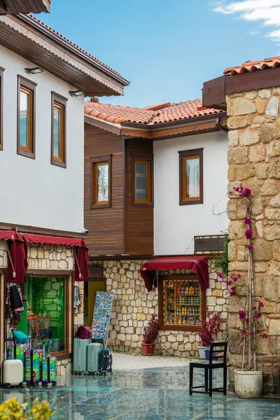 stock image Restored houses with bay windows on the historical streets of Side Antalya