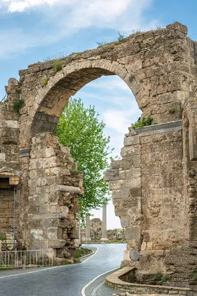 stock image Ruins of ancient city in Side Antalya - Old gates to antique theater