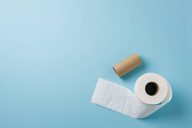 Mavi arkaplanda tuvalet kağıdı rulosunun üst görünümü