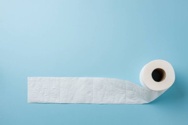 Mavi arkaplanda tuvalet kağıdı rulosunun üst görünümü
