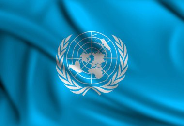 Çerçeveyi kaplayan Birleşmiş Milletler bayrağı rüzgarda sallanıyor