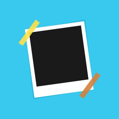 Mavi arka planda yapışkan bantlı klasik fotoğraf çerçevesi. Vektör EPS10 Mockup. Retro fotoğraf çerçevesi şablonu