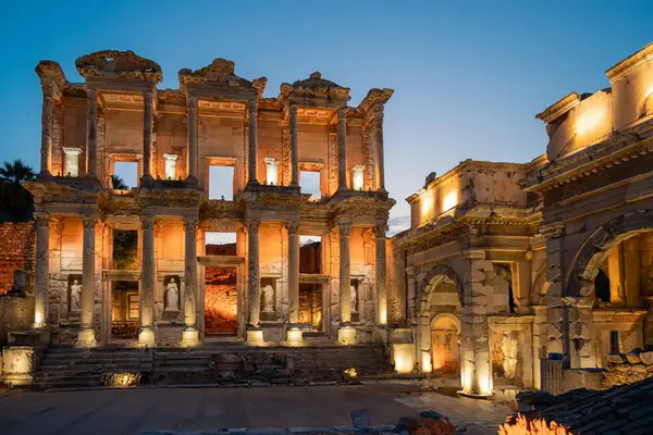 stock image Celsus library in the Ancient City of Ephesus with its magnificent view in night museums