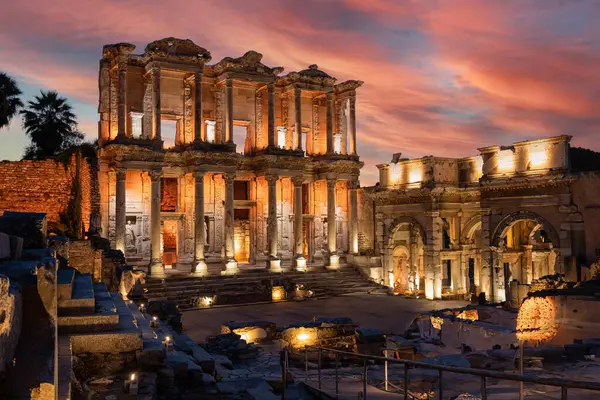 stock image Celsus library in the Ancient City of Ephesus with its magnificent view in night museums