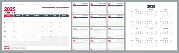 Takvim Planlayıcısı 2025 İngilizce. Hafta başlangıcı Sundey, kurumsal tasarım planlayıcı şablonu.