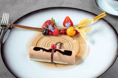 Meyveli çikolatalı mus ya da yarı donmuş parfe için modern bir sunum.