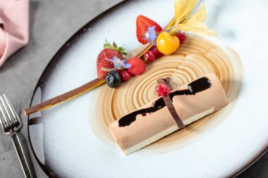 Meyveli çikolatalı mus ya da yarı donmuş parfe için modern bir sunum.