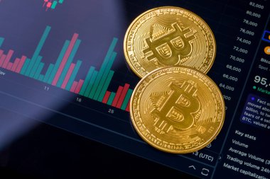 Bitcoin ve kripto para yatırım konsepti. Bitcoin 'in yükseliş ve düşüş grafiğinin önünde duran Altın Bitcoin kripto para sembolü