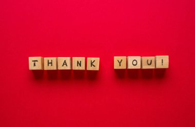 Teşekkür, kırmızı arka planda duran tahta bloklara yazılmıştır.