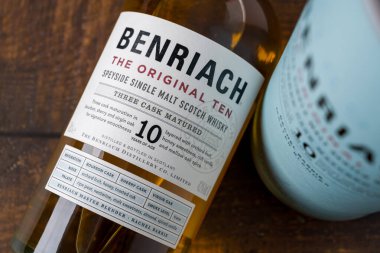 Antalya, Turkey - January 23, 2025: Benriach The Original Ten Single Malt Scotch Whisky produced in the Speyside region of Scotland clipart