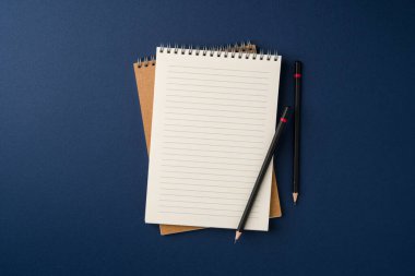 Mavi arkaplanda dizüstü bilgisayar ve kalem görünümü