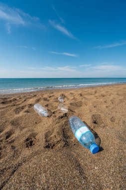 Plastik şişeler ve bardaklar kıyıya yakın kumsala çöp atıyordu.