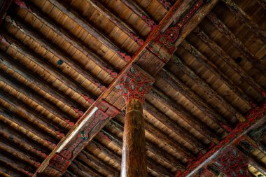 Beysehir, Konya, Turkey - August 18, 2025: Detail of the wooden carved column inside the historic Esrefoglu Mosque in Konya Beysehir