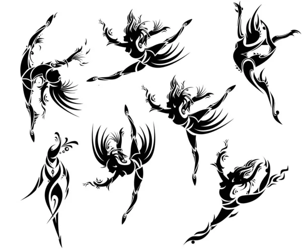 Vector Set Abstract Dancing Women Tattoo Style — Stock Vector