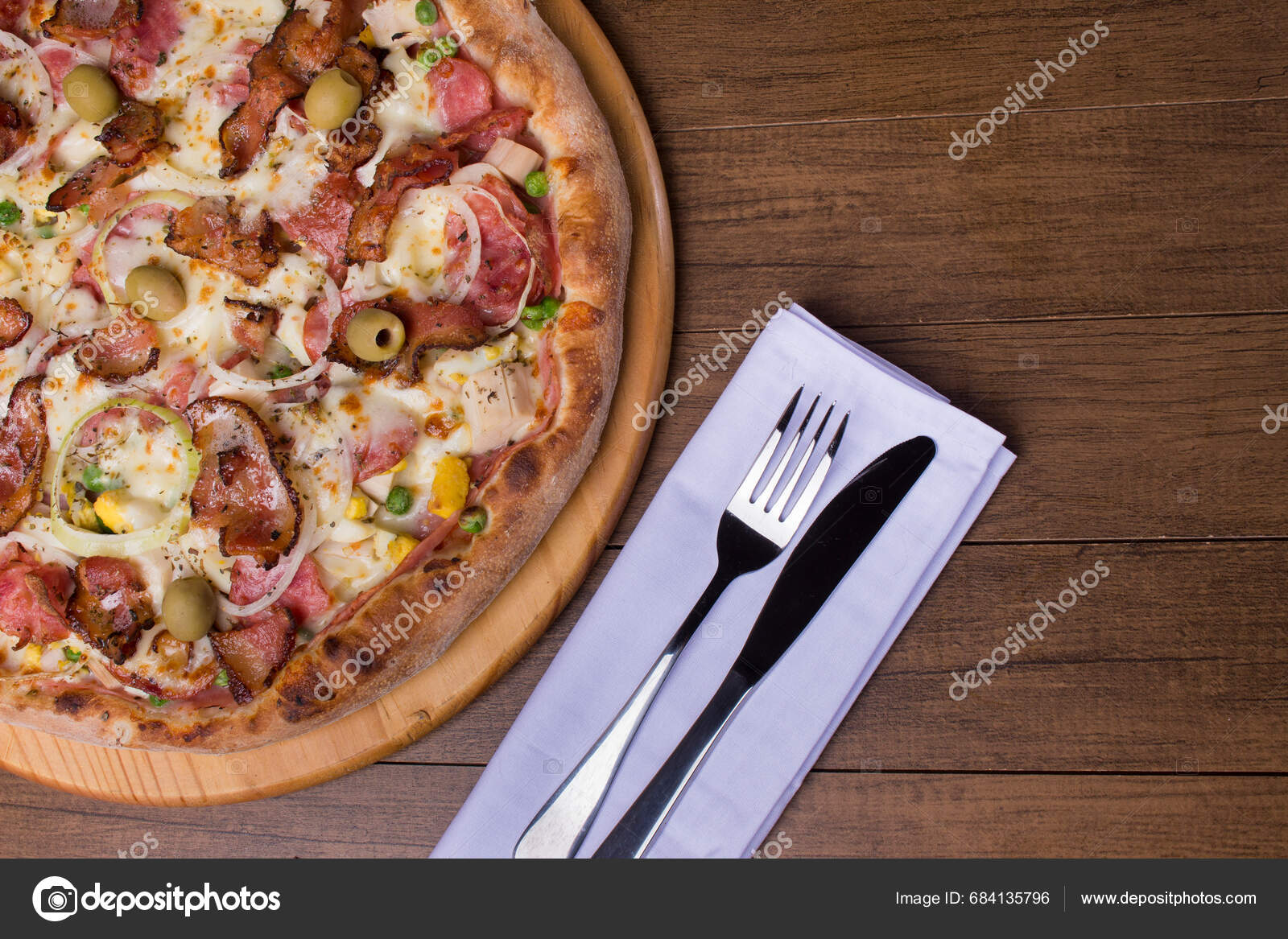 Portuguese Pizza Made Ham Pea Egg Heart Palm Pepperoni Onion Stock