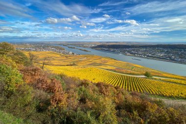 Niederwald Anıtı 'ndan panoramik manzara (mikrop). Niederwalddenkmal) Rheingau 'ya, Bingen ve Rheinhessen şehrine bulutlu mavi gökyüzüne karşı