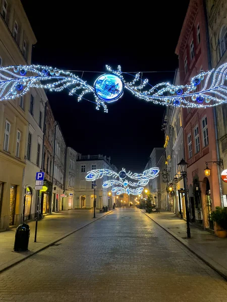 Grodzka Straße Krakau Polen Mit Beleuchteter Weihnachtsdekoration Der Nacht — Stockfoto