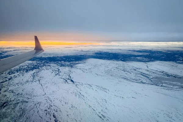 Aerial Snow Covered Landscape Norway Province Innlandet Wing Airplane Sunset — Stock Photo, Image