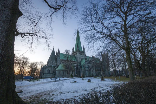 Katedra Nidaros Trondheim Norwegia Zimą Zachodzie Słońca — Zdjęcie stockowe