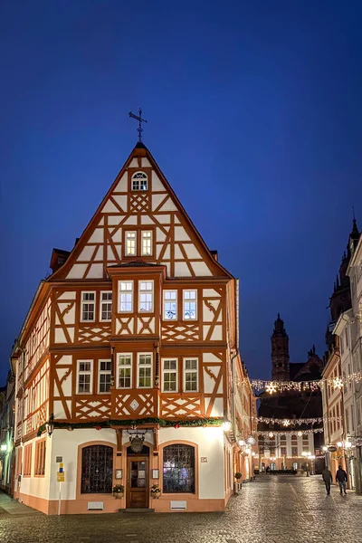 Mainz Germany January 2021 Illuminated Half Timbered Houses Leichhofstrasse Historic — Stock Photo, Image