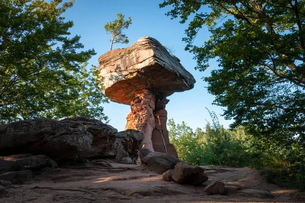 stock image Devil's Table (germ. Teufelstisch), a mushroom rock in Hinterweidenthal, Palatinate Forest, Germany in summer against blue sky