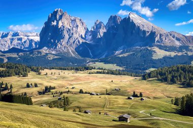 Iconic panorama of Sassolungo - Langkofel mountain group in autumn at Seiser Alm Alpe di Siusi, Dolomites, South Tyrol, Italy against blue sky clipart