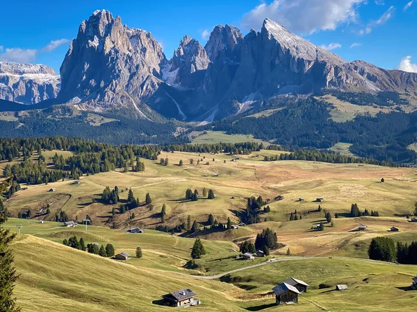 Panorama Icónico Sassolungo Grupo Montañoso Langkofel Otoño Seiser Alm Alpe Imagen De Stock