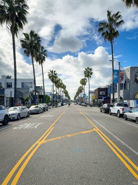 Los Angeles, ABD - 31 Mart 2024: Venedik Plajı, Kaliforniya 'daki Abbot Kinney Bulvarı karşısındaki mavi gökyüzü bulutlu