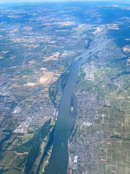 stock image Aerial of river Rhine with Oestrich-Winkel (right), Germany in summer