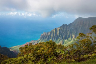Kalalau Gözcüsü, ABD 'nin Hawaii adası Kauai' deki Koke 'e Eyalet Parkı' ndaki güzel Napali Sahili manzaralı.