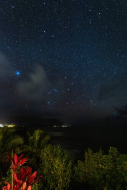 Hawaii 'nin kuzey kıyısındaki Kauai adasının manzarası. Gökyüzü yıldızlarla dolu.