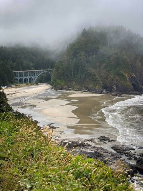 Cape Cove Sahili ve Şeytani Dirsek Oregon Pasifik Sahili, ABD Bulutlu bir yaz gününde