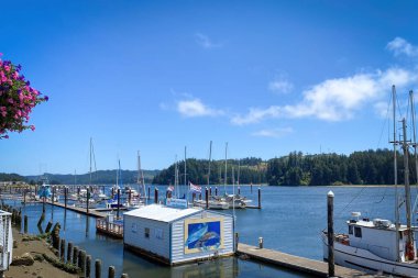 Siuslaw Nehri kıyıları ve liman Floransa, Oregon, ABD 'de yaz aylarında mavi gökyüzüne karşı