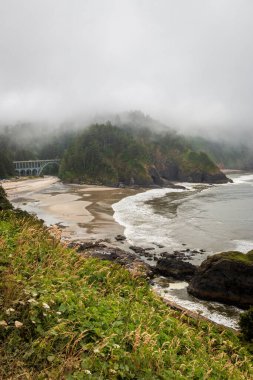 Cape Cove Sahili ve Şeytani Dirsek Oregon Pasifik Sahili, ABD Bulutlu bir yaz gününde