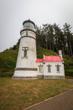 Oregon Pasifik Sahili, ABD 'deki Heceta Deniz Feneri manzaralı bulutlu bir yaz gününde