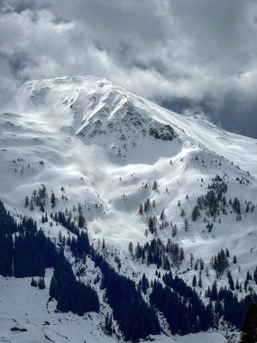 Avusturya Alpleri 'nde Saalbach-Hinterglemm kayak bölgesinde bulutlu gökyüzüne karşı karla kaplı dağ manzarası