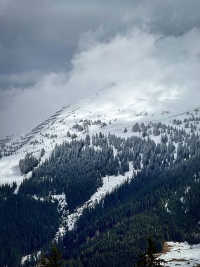 Avusturya Alpleri 'ndeki Saalbach-Hinterglemm kayak bölgesinde bulutlu gökyüzüne karşı kar ve dağ manzarası