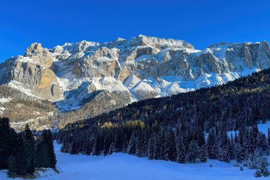 Güney Tyrol, İtalya 'daki Sella grubu dağ kitlesinin mavi gökyüzüne karla kaplı manzarası