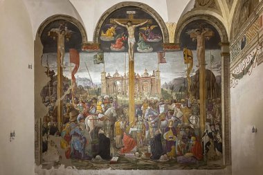 Milan, Italy - April 26, 2022: Mural painting Crucifixion by Giovanni Donato da Montorfano, 1495, in the refectory of the Convent of Holy Mary of Grace clipart