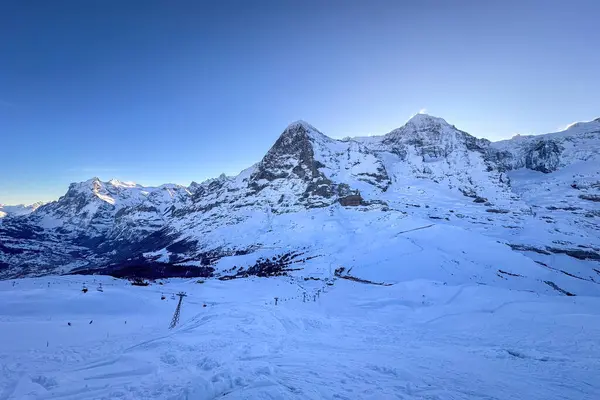 İsviçre 'de kar örtülü ünlü dağların panoramik manzarası Eiger ve Moench (soldan sağa) Grindelwald ve Wetterhorn (solda) ile birlikte sabah erken saatlerde mavi gökyüzüne karşı
