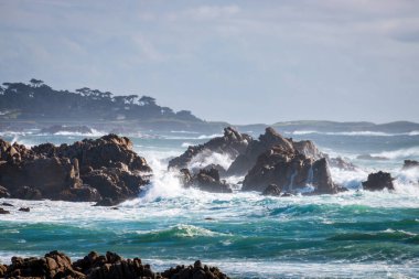 Pasifik Okyanusu kıyısındaki kayalık manzaralı 17 mil boyunca güneye bakan Del Monte Ormanı, Kaliforniya, ABD mavi gökyüzüne karşı bulutlu
