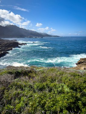 Point Lobos State Doğal Rezervi 'ndeki kayalık Pasifik Okyanusu sahili manzarası, Kaliforniya, ABD' de bulutlu mavi gökyüzüne karşı