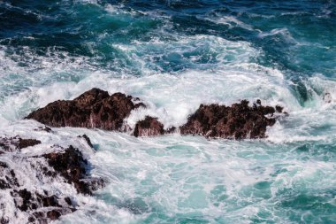 Çarpışan dalgalar Pasifik Okyanusunu oluşturur Point Lobos State Doğal Rezervi, Kaliforniya, ABD