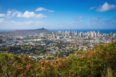 Honolulu, Oahu, Hawaii 'nin Panorama şehri. Yuvarlak Top Drive boyunca bulutlu mavi gökyüzüne doğru bir bakış açısıyla görüldü.